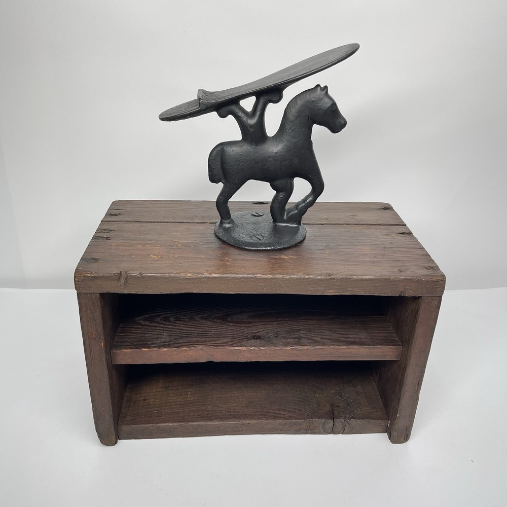 Antique Cast Iron Prancing Horse Shoeshine Stand‎ Foot Rest On Wooden Shelf Case